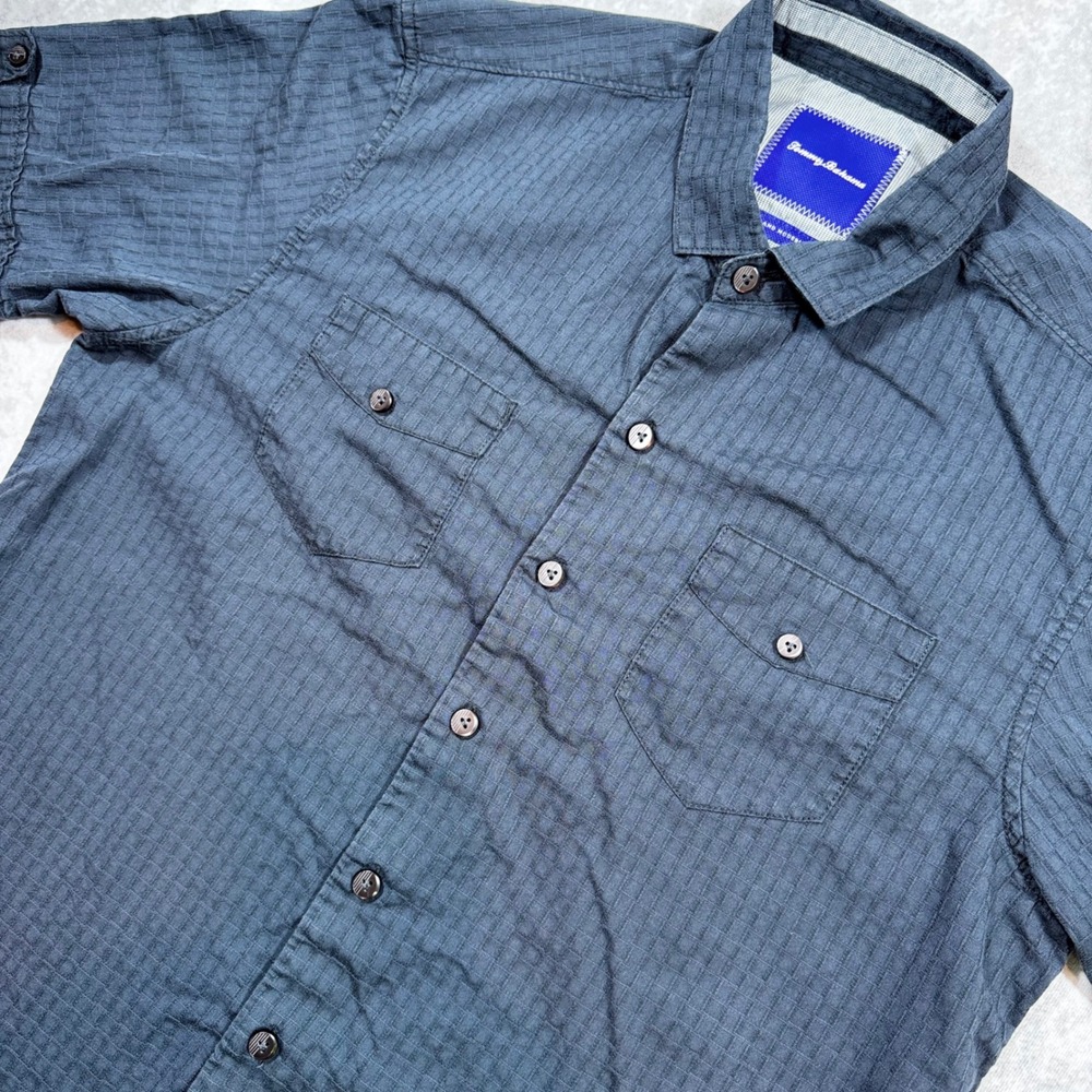 Tommy Bahama Island Modern Fit Cotton Silk Shirt Mens‎ Medium Grey Textured Grid